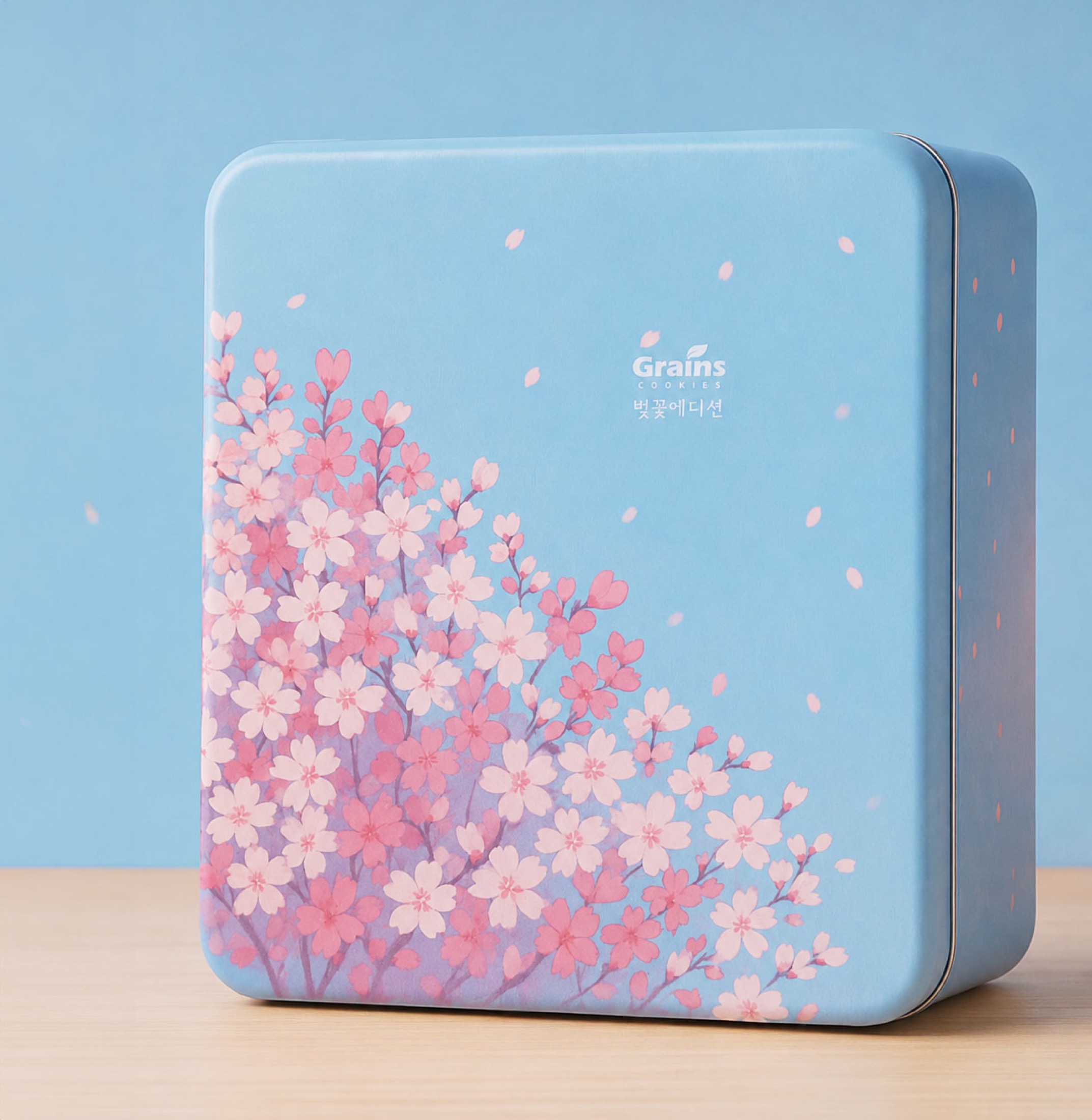 Grains Cookie cherry blossom edition square tin packaging.