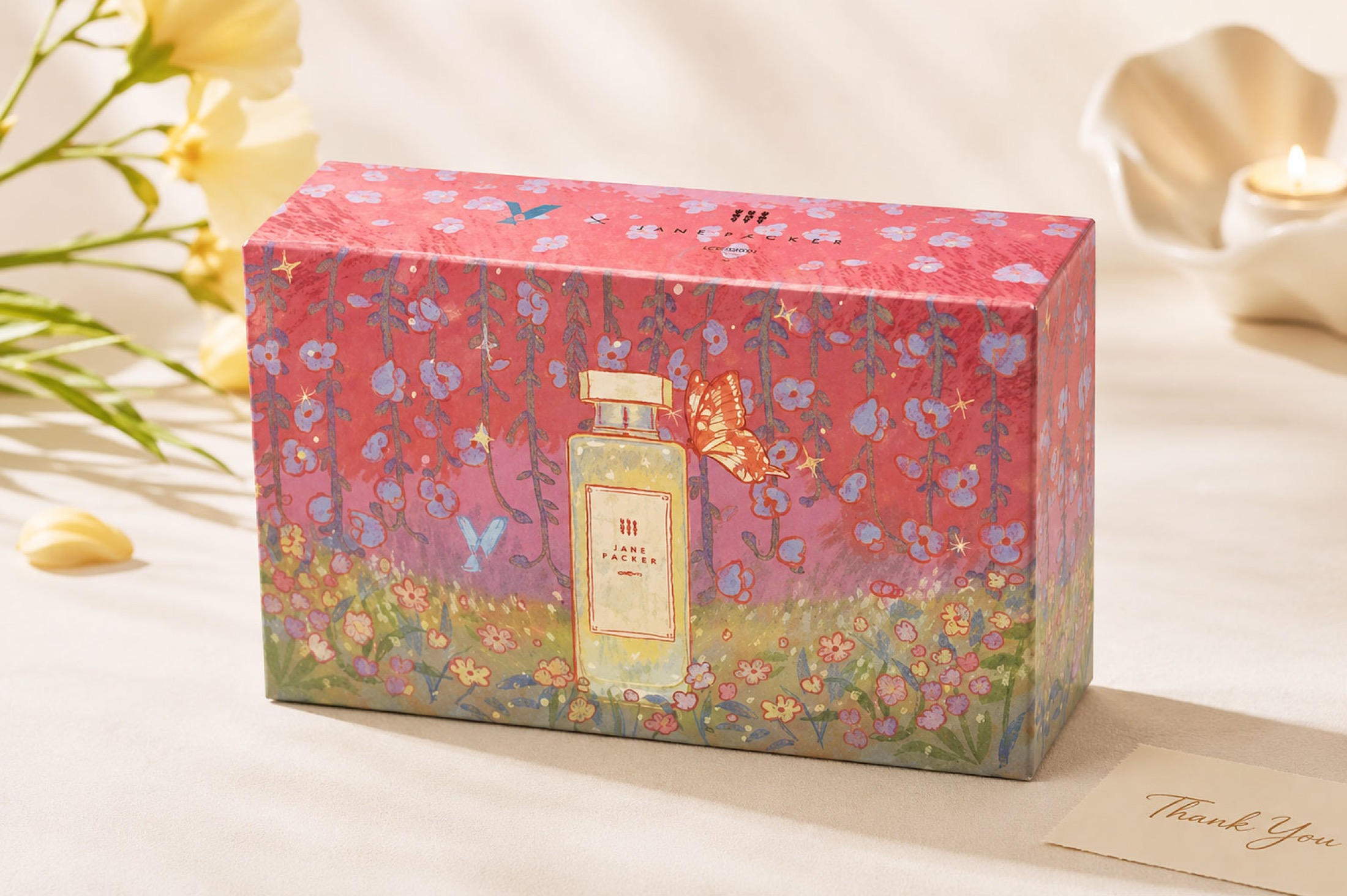 Jane Packer seasonal fragrance promotional gift box featuring the floral key visual.