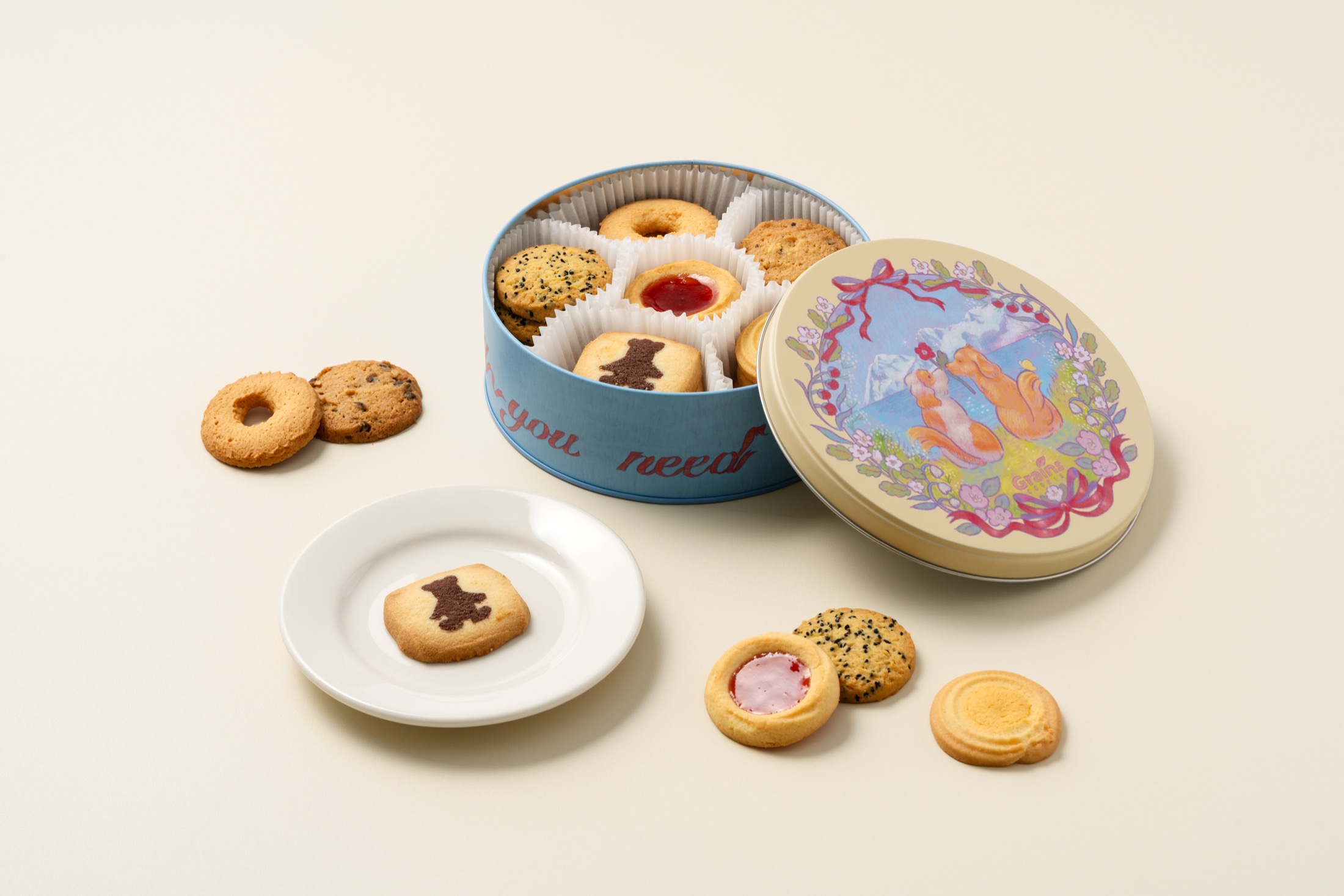 Dog-themed Grains Cookie tin packaging photograph.