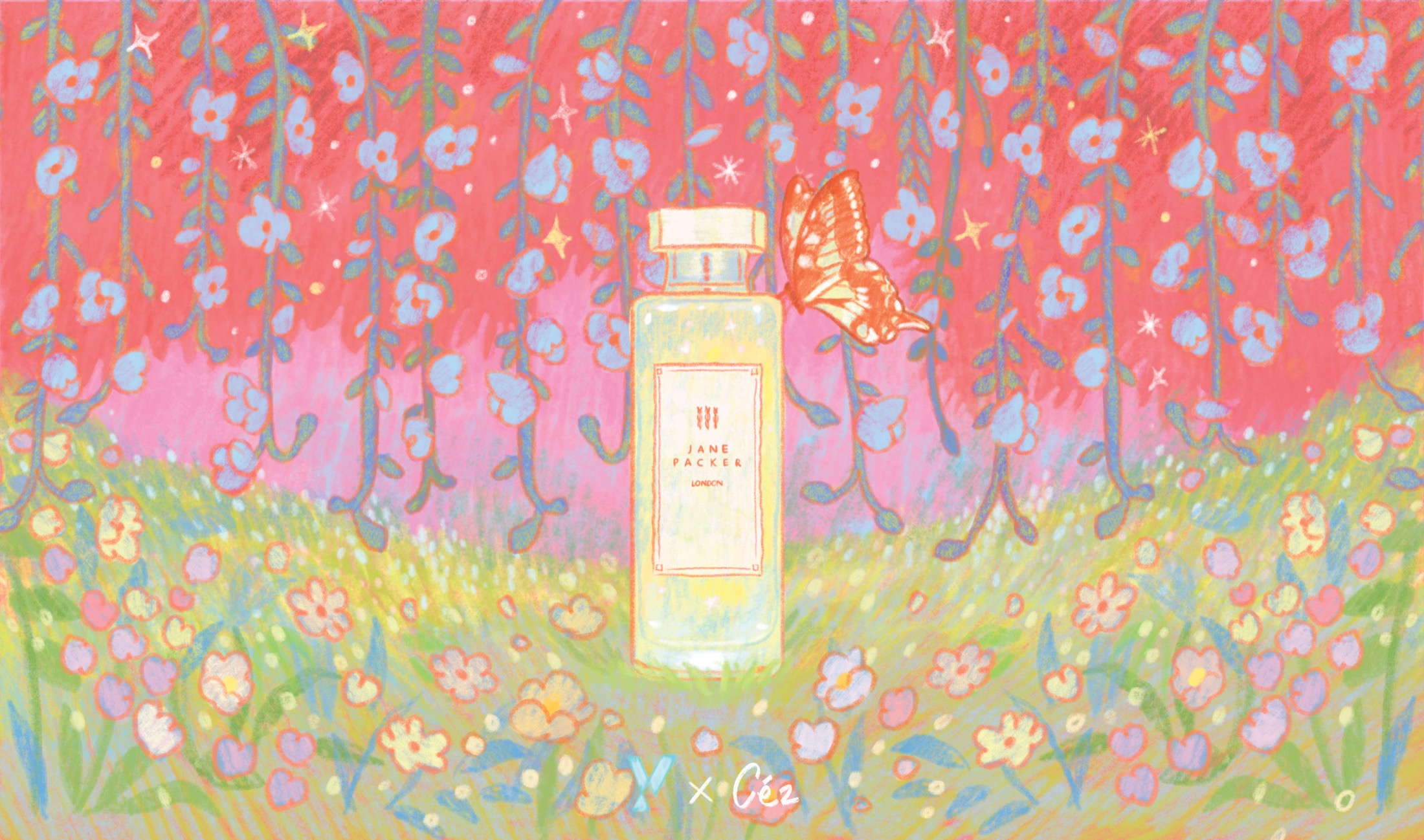 Floral key visual illustration for the Jane Packer seasonal fragrance promotion.