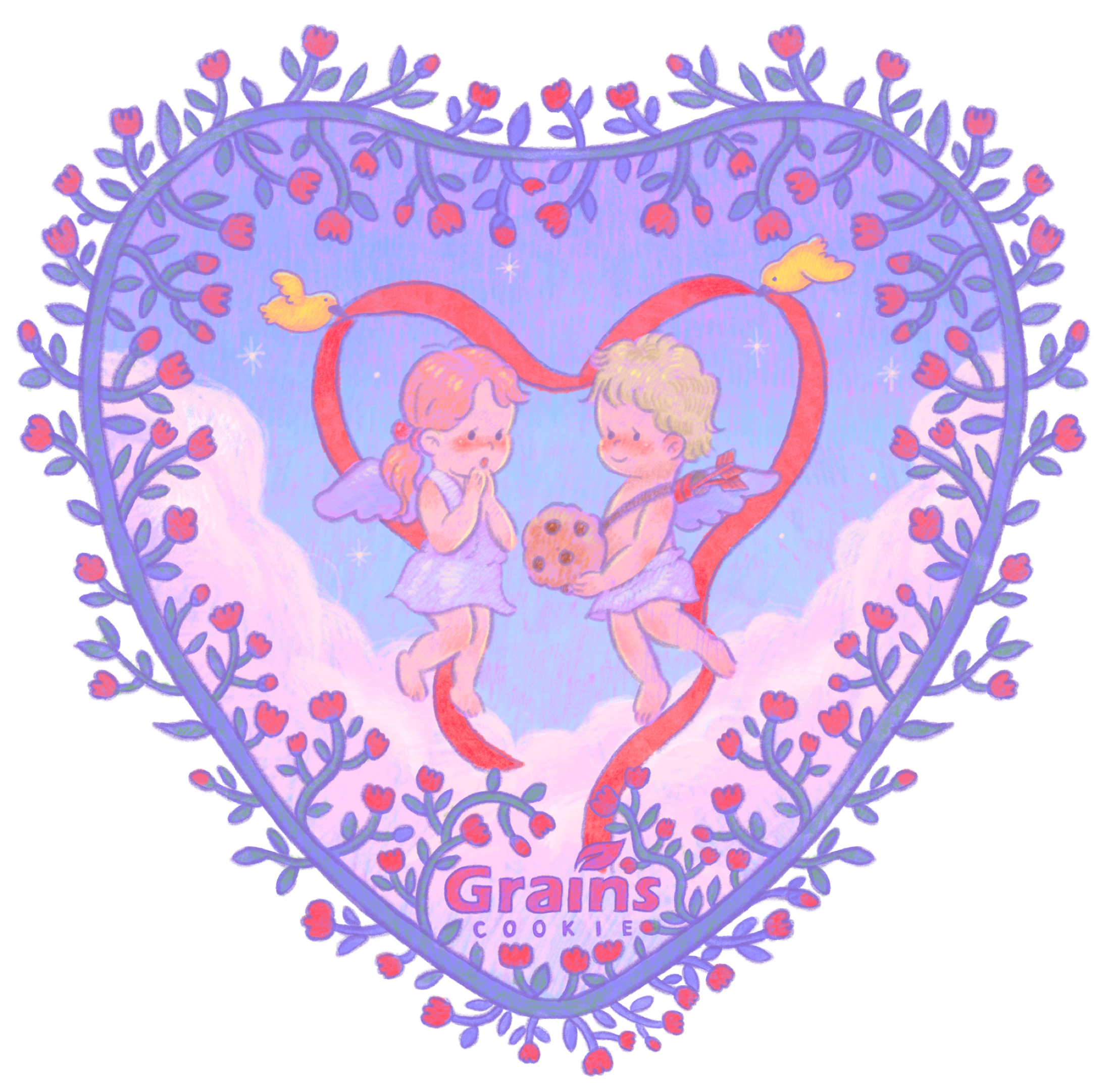 Heart-shaped angel illustration created for Grains Cookie.