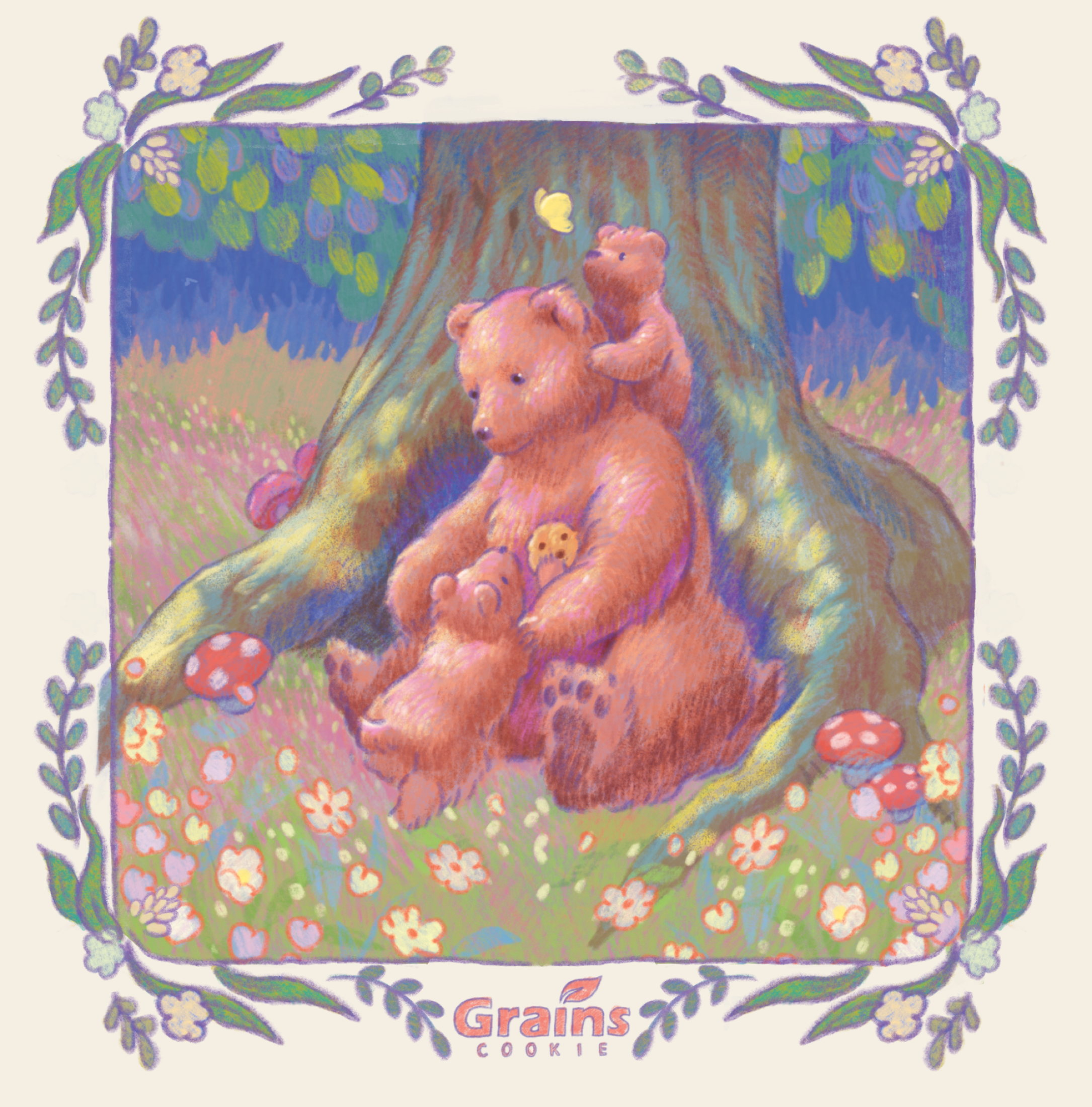 Illustration of a bear family created for Grains Cookie packaging.