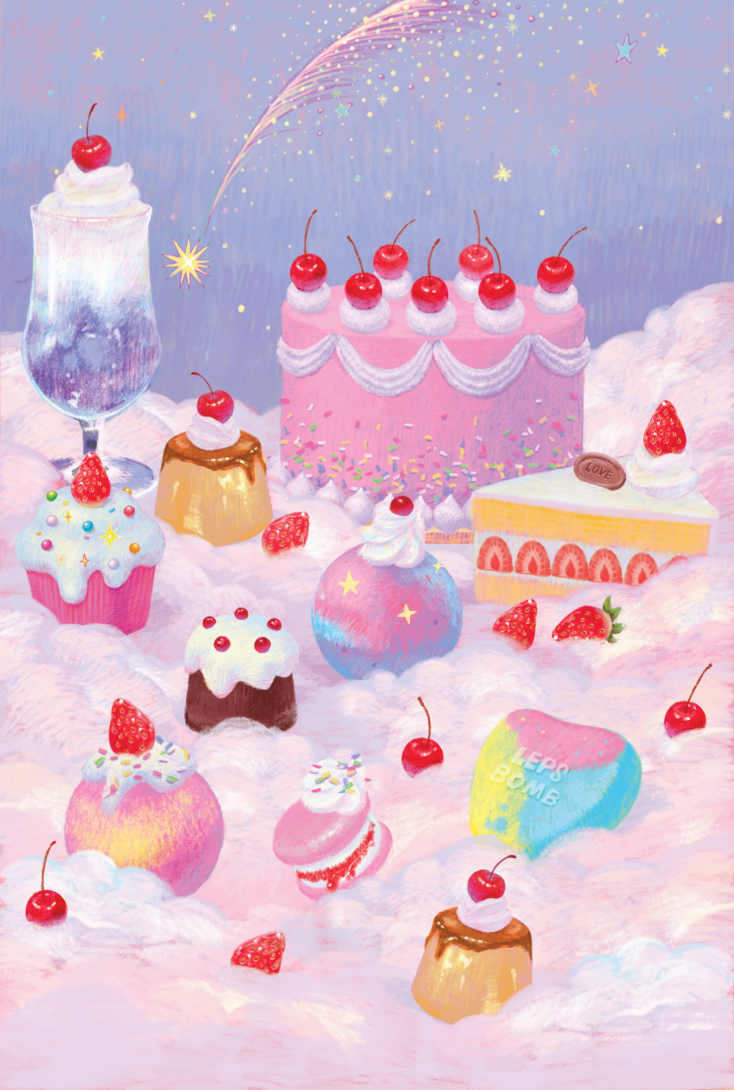 Dreamy pastel dessert illustration created for the Leps Bomb limited-edition gift set.