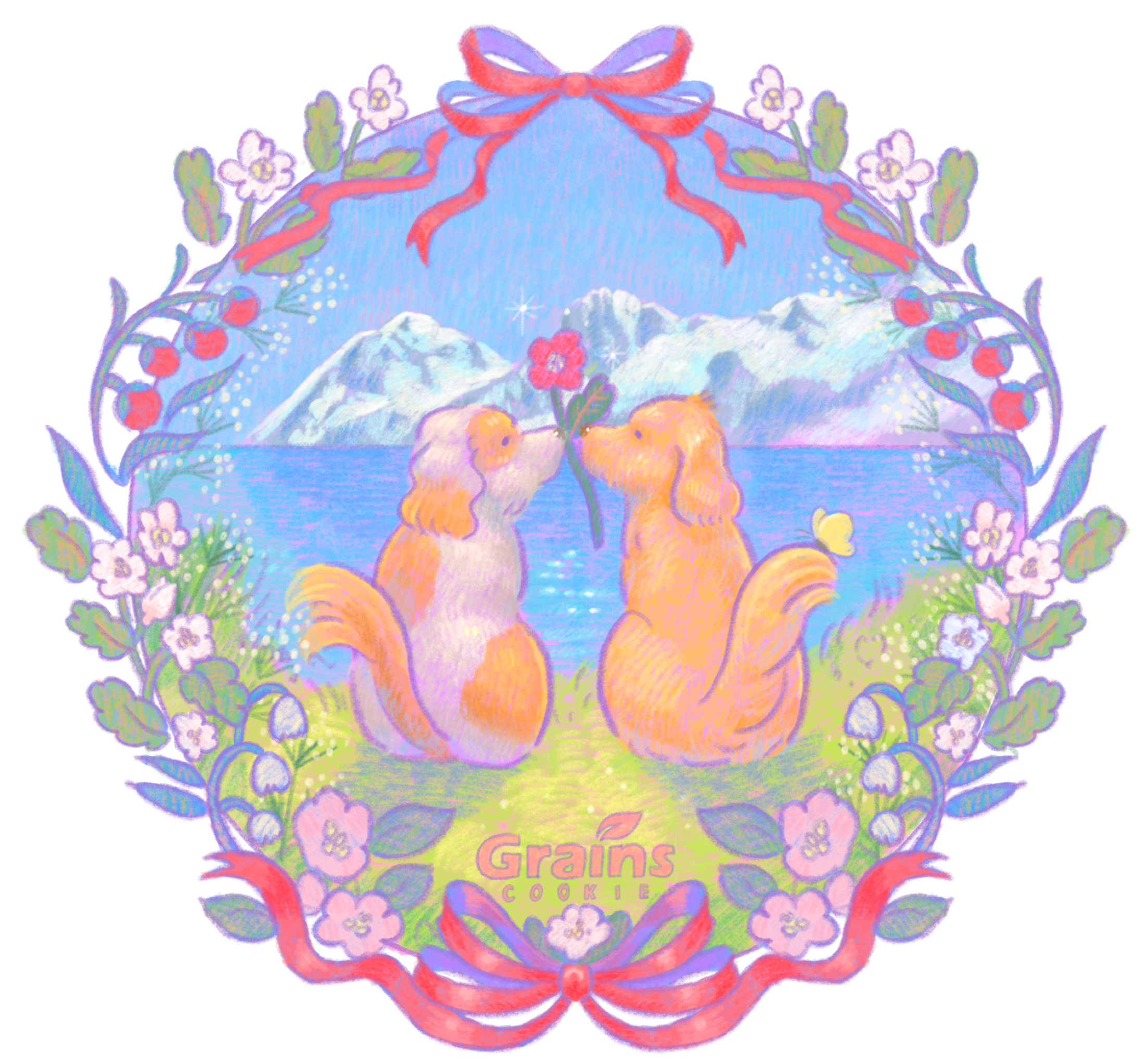 Illustration of a dog couple created for Grains Cookie packaging.
