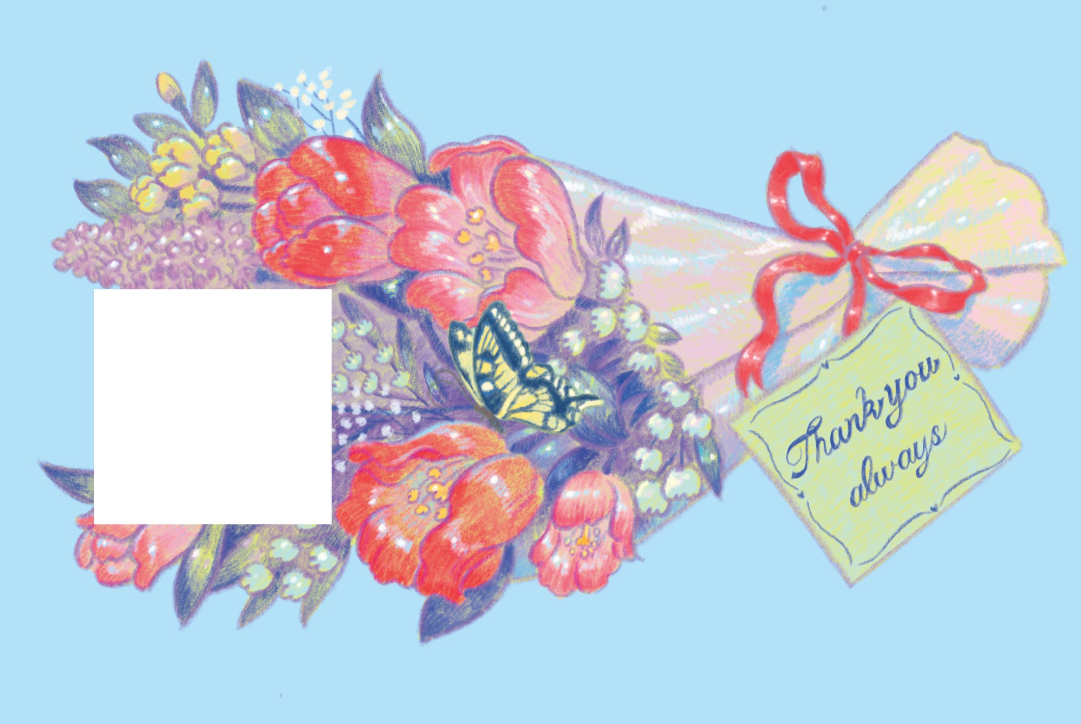 Floral gift box illustration with a square die-cut cookie window.
