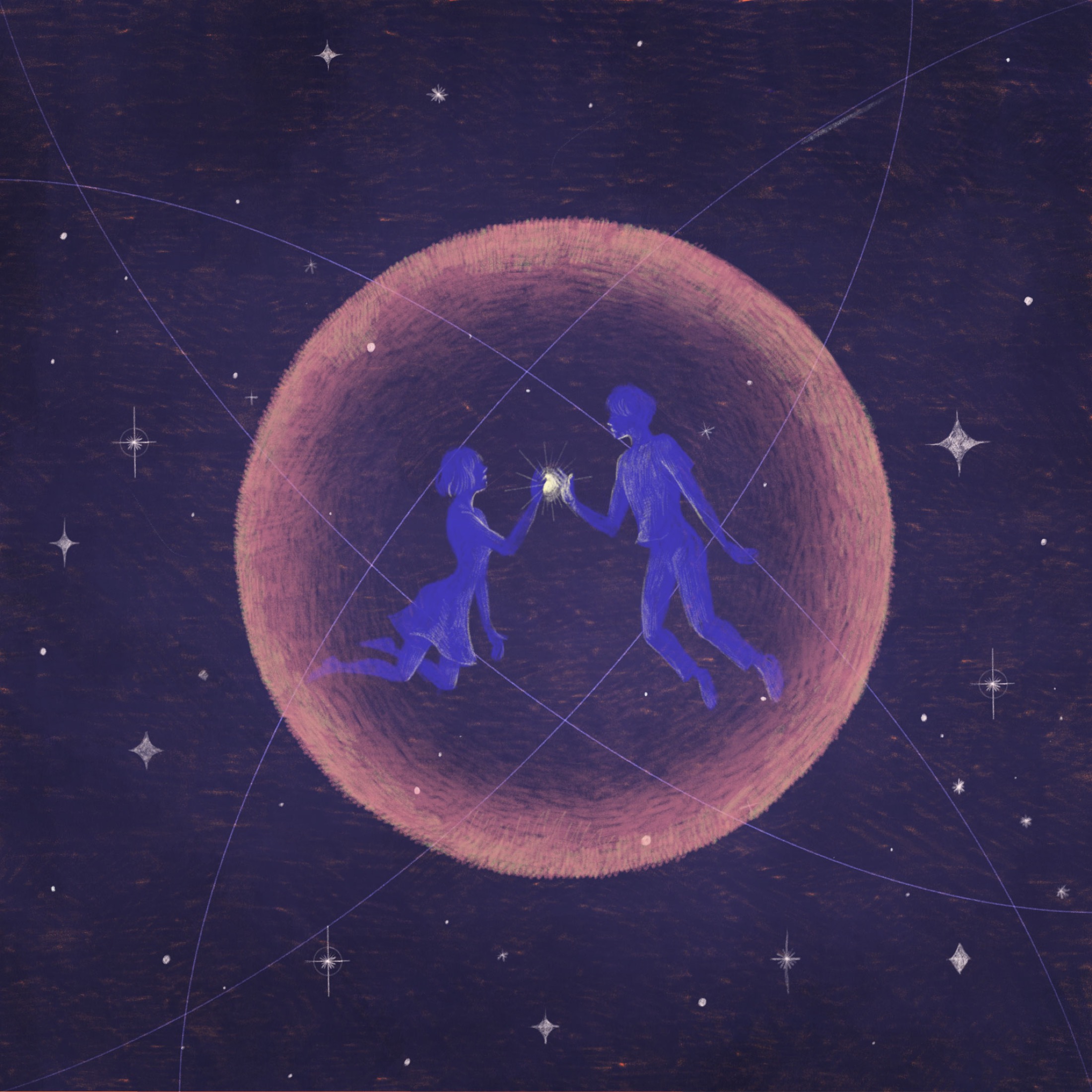 Celestial illustration of two figures created for a literary cover concept.