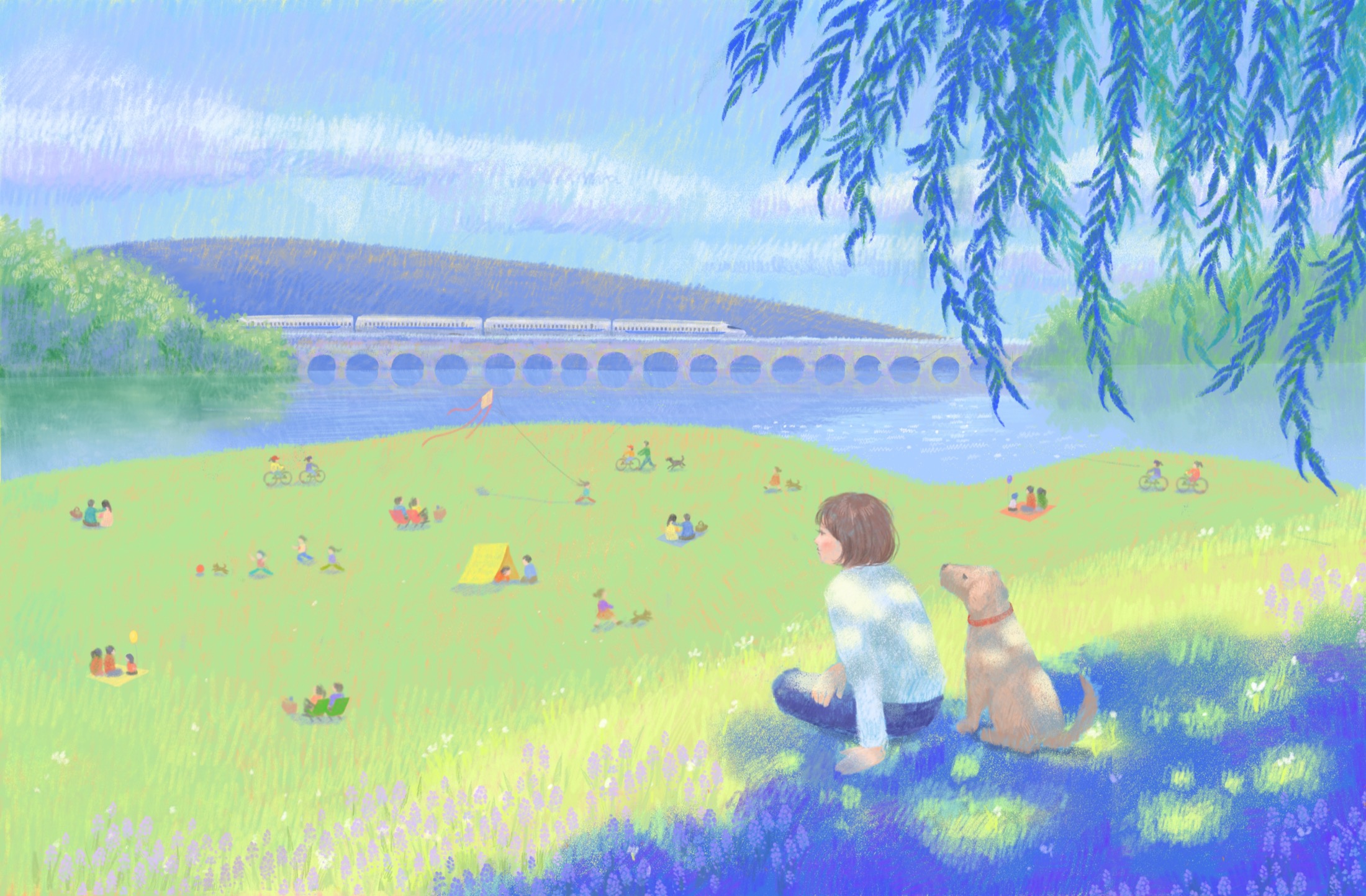Riverside picnic illustration created for an illustrated book cover concept.