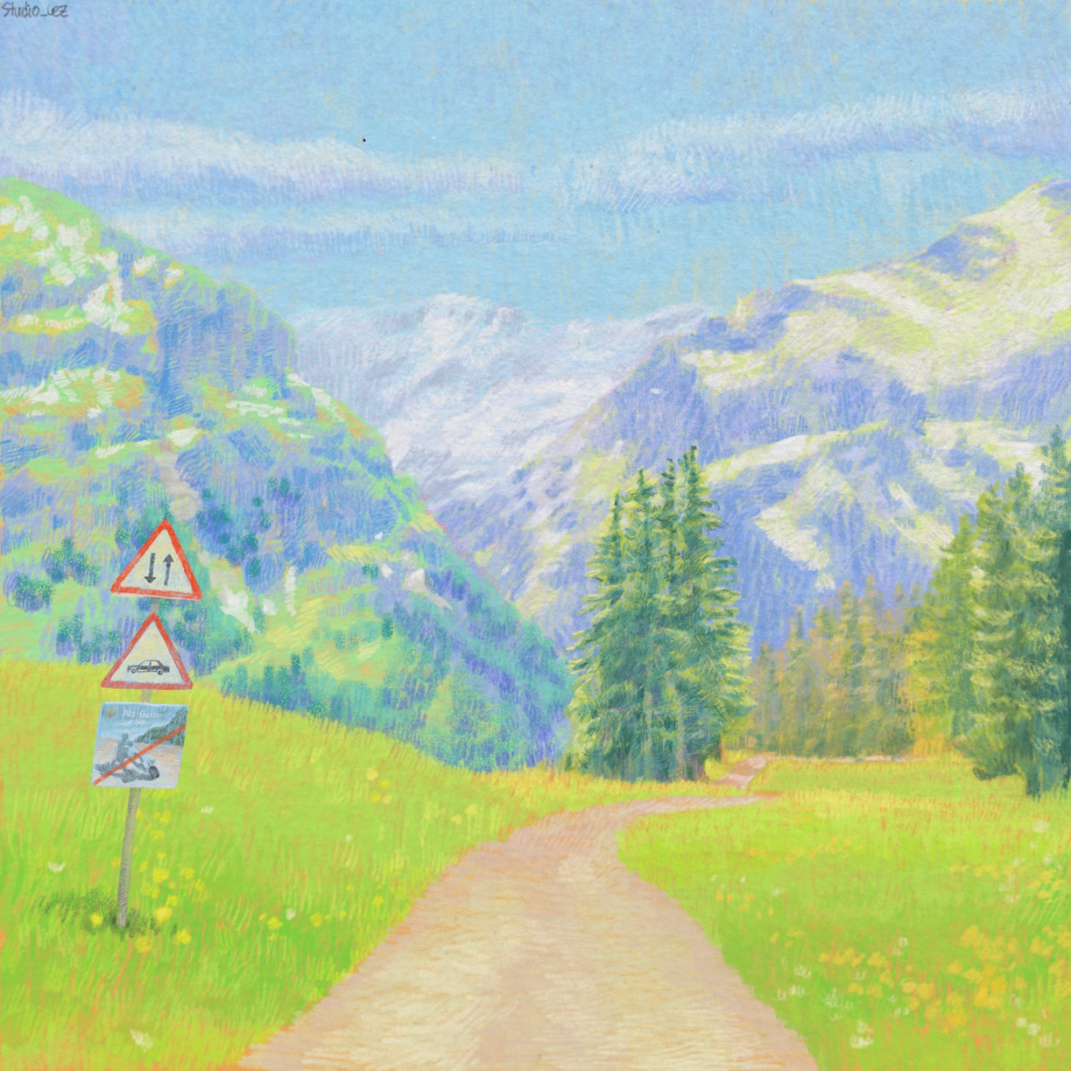 Pastel Swiss landscape illustration created for a travel journal cover concept.